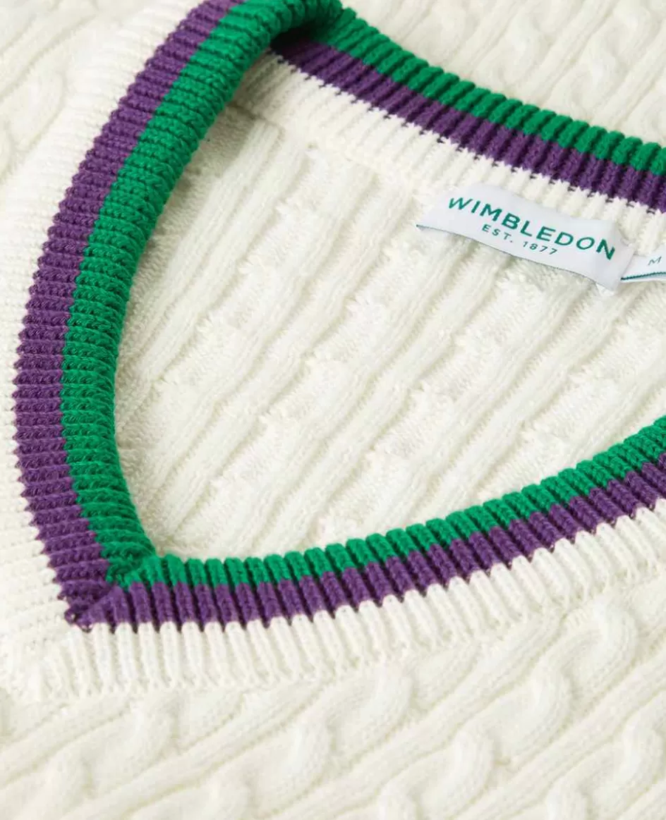 Wimbledon Mens Core Long Sleeve Cable Knit - White