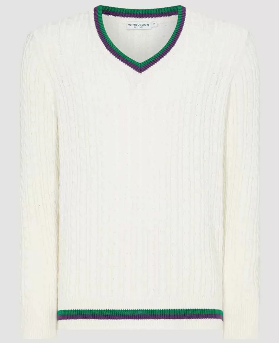 Wimbledon Mens Core Long Sleeve Cable Knit - White