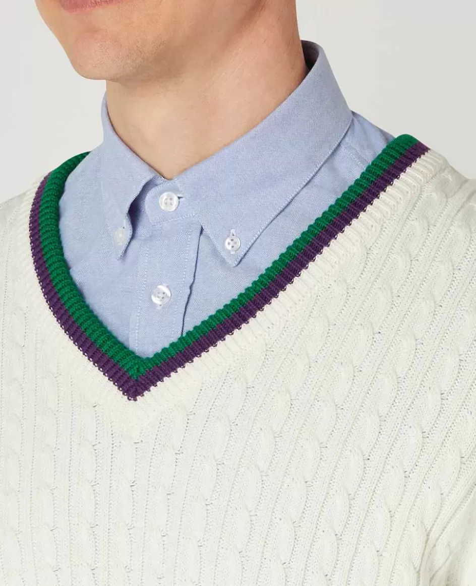 Wimbledon Mens Core Long Sleeve Cable Knit - White